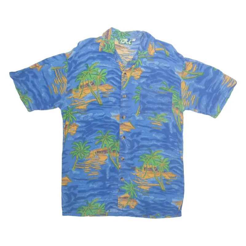 CAP FERRAT Palm Trees Mens Hawaiian Shirt Blue Viscose Crazy Pattern XL