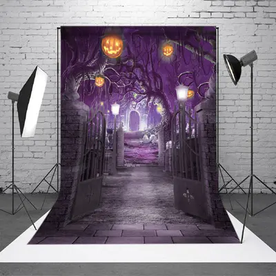 Purple Misty Night Pumpkin Theme Halloween Backdrop - Aperturee