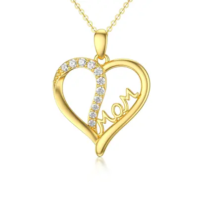 14K Gold Circular Shaped Cubic Zirconia Heart Pendant Necklace with Engraved Word