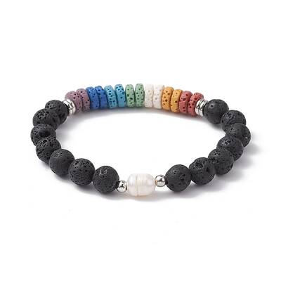 Dyed Natural Lava Rock & Pearl Beaded Strtch Bracelet