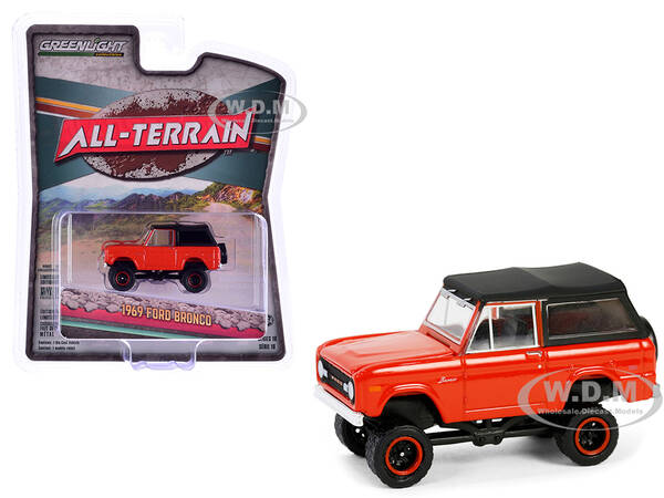 1969 Ford Bronco Poppy Red with Black Soft Top All Terrain Series 16 1/64 Diecast Model Car by Greenlight
