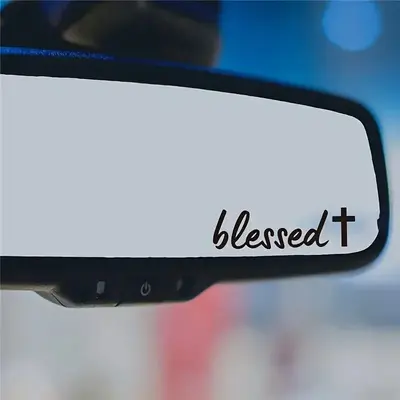 Blessed Letter & Cross Pattern Car Rearview Mirror Sticker, Waterproof & Sun-proof Car Rearview Mirror Decal, Car Accessories...