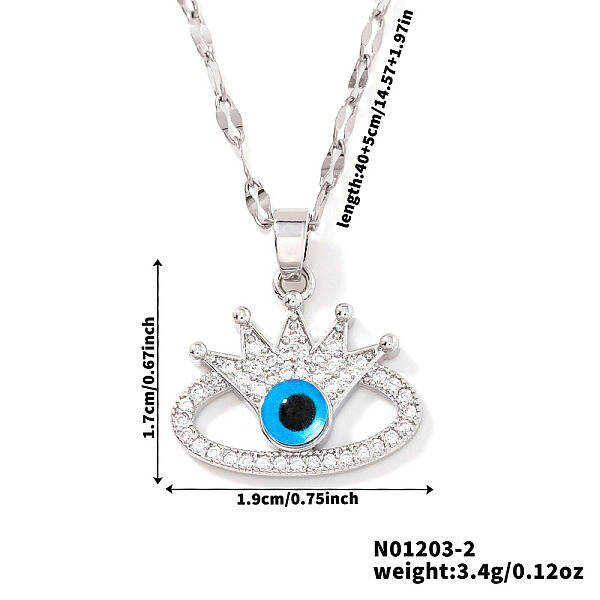 Fashionable Hip-hop Style Brass Full Crystal Rhinestone Crown Blue Evil Eye Pendant Dapped Chain Necklaces for Women