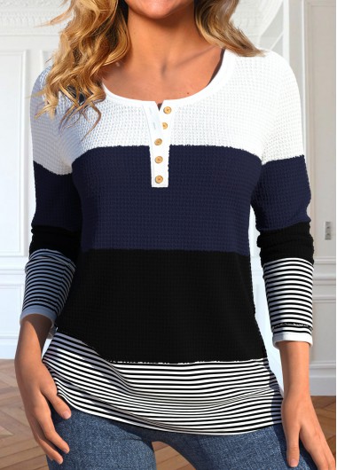 Modlily Black Patchwork Striped Long Sleeve Round Neck T Shirt - XXL