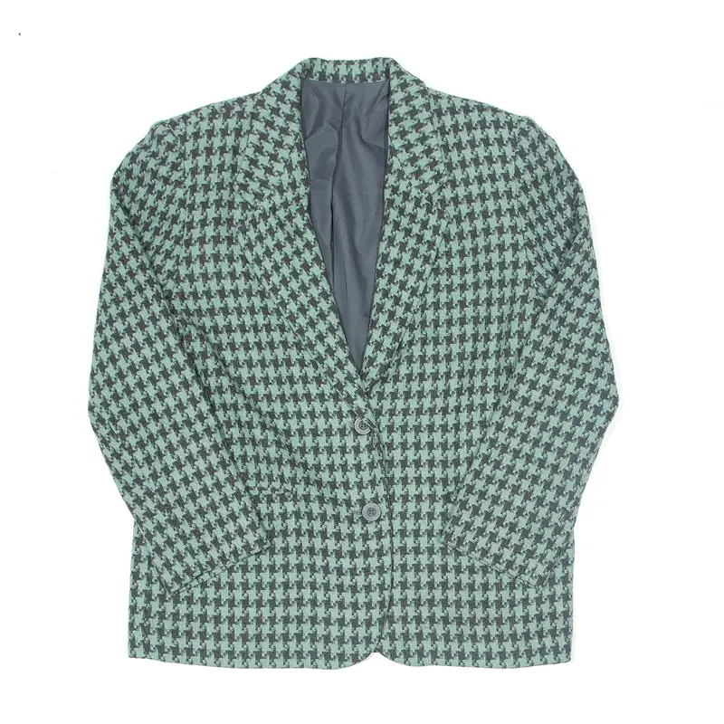 Padded Shoulders Blazer Jacket Green Houndstooth Womens M