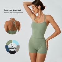 TimeOFF Women's 2-Piece Crisscross Strap Back Cami & High-Waist Shorts Set | Extended Hem, Snug Fit | Yoga Gym Activewear
