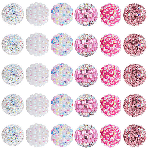 30Pcs 6 Style Polymer Clay Pave Rhinestone Beads