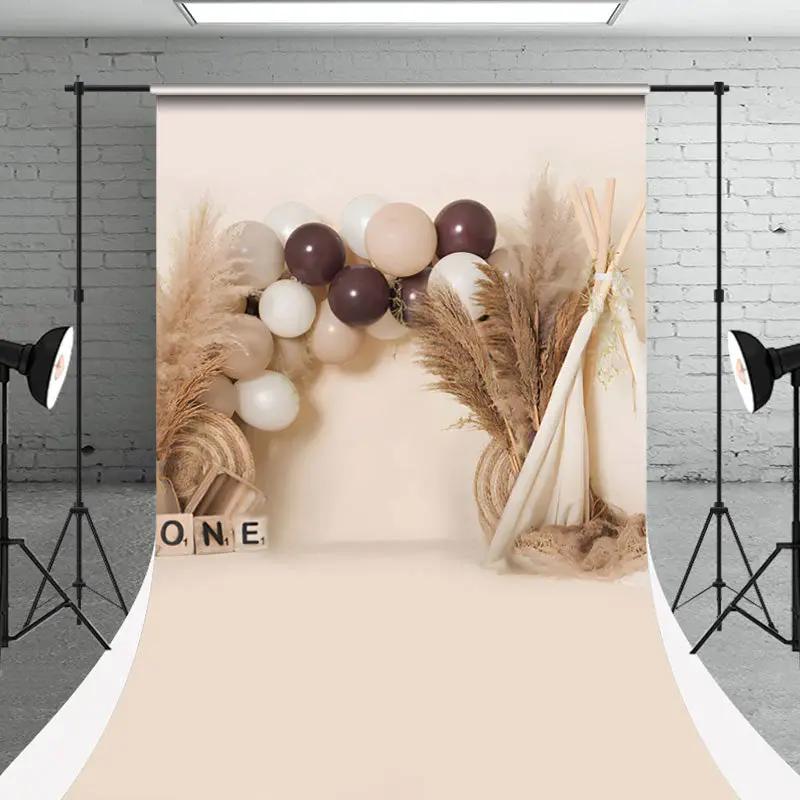 Boho Hay Balloons Tent Sweep Backdrop For Cake Smash - Aperturee