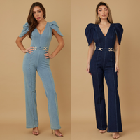 WASHED DENIM FASHION JUMPSUIT WITH SHELL CAP SLEEVE - BUCKLE HARDWARE DETAIL ON THE WAIST