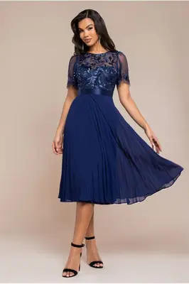 Goddiva Embroidered Top Chiffon Pleated Midi - Navy Blue