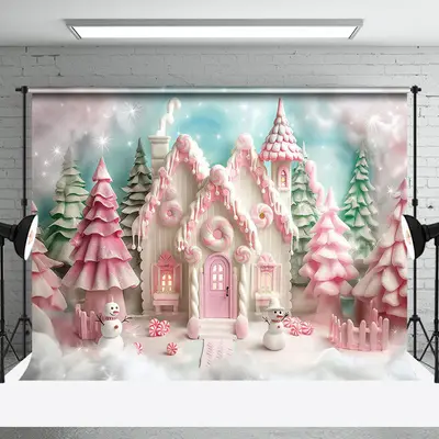 Snowy Candy House Trees Christmas Photo Backdrop