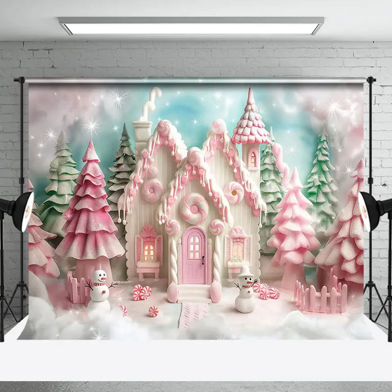 Snowy Candy House Trees Christmas Photo Backdrop