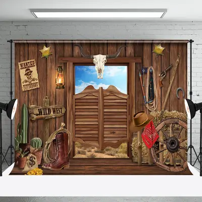 Sky Western Cowboy Wooden Door Retro Wall Backdrop - Aperturee