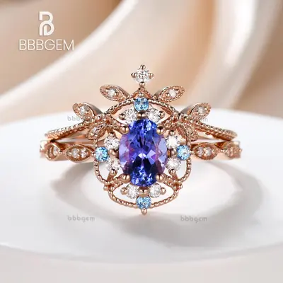 Rose gold tanzanite engagement ring art deco diamond wedding ring set