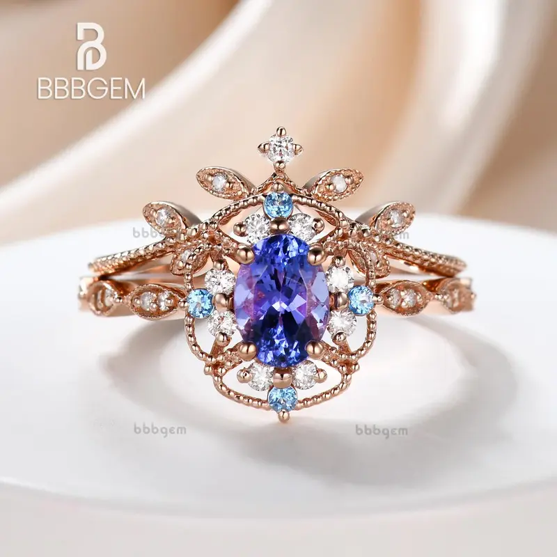 Rose gold tanzanite engagement ring art deco diamond wedding ring set