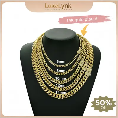 14k Gold Plated Miami Cuban Link Chain Necklace  Stainless Steel Iced Out Clasp Hip Hop Jewelry for Men/ Women 6/8/10/12/14mm...