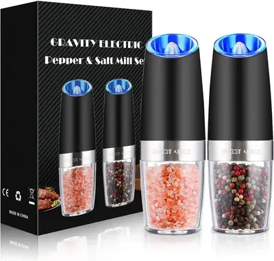 [New Deal] - Gravity Electric Pepper and Salt Grinder Set, Adjustable Coarseness, Battery Powered with LED Light, One Hand Au...