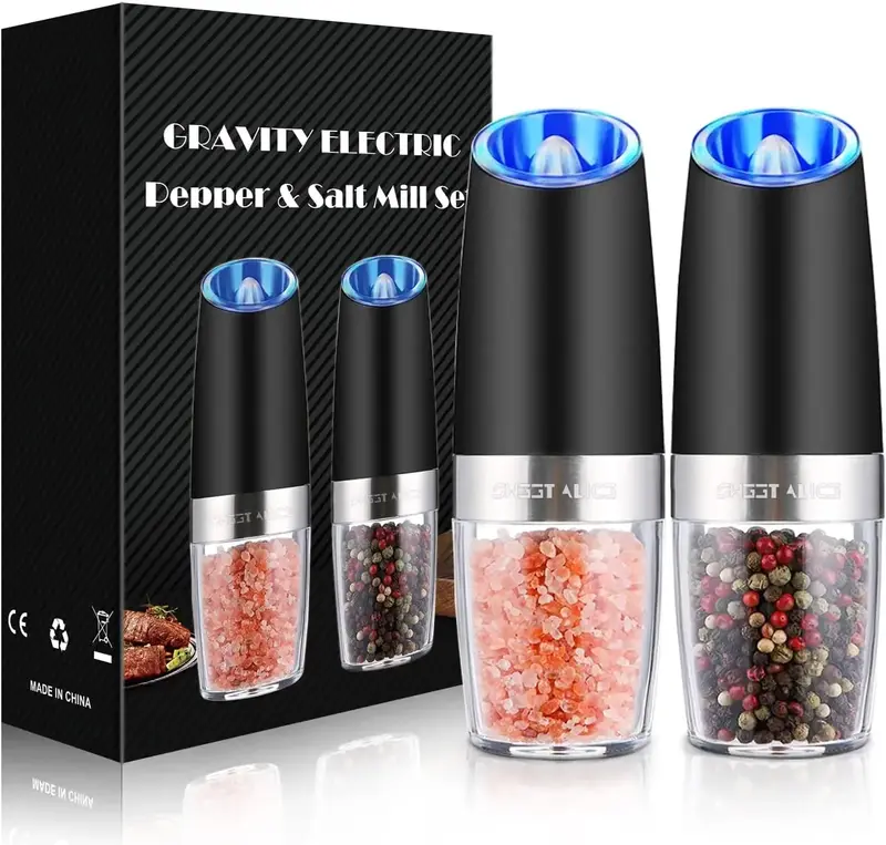 [New Deal] - Gravity Electric Pepper and Salt Grinder Set, Adjustable Coarseness, Battery Powered with LED Light, One Hand Au...