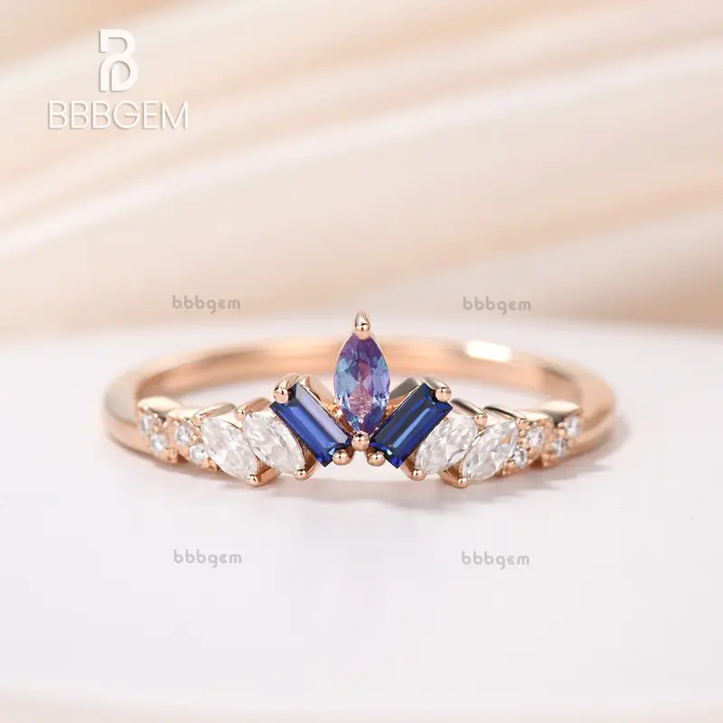Art Deco Alexandrite  And Baguette Sapphire  Moissanite Wedding Band