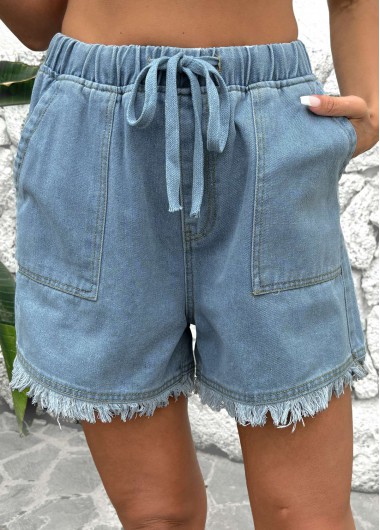 Modlily Denim Blue Straight Leg Elastic Waist High Waisted Shorts - M