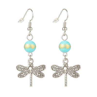 Round Natural Mashan Jade with Alloy Dragonfly Dangle Earrings