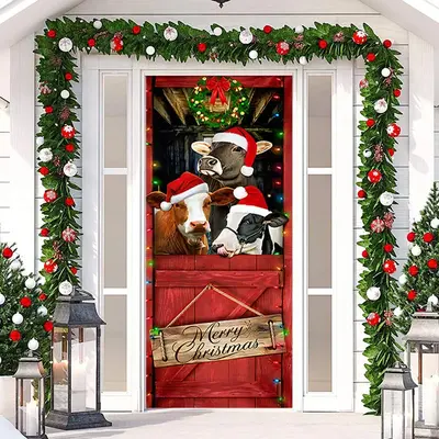 Cowshed Livestock Red Merry Christmas Door Cover - Aperturee