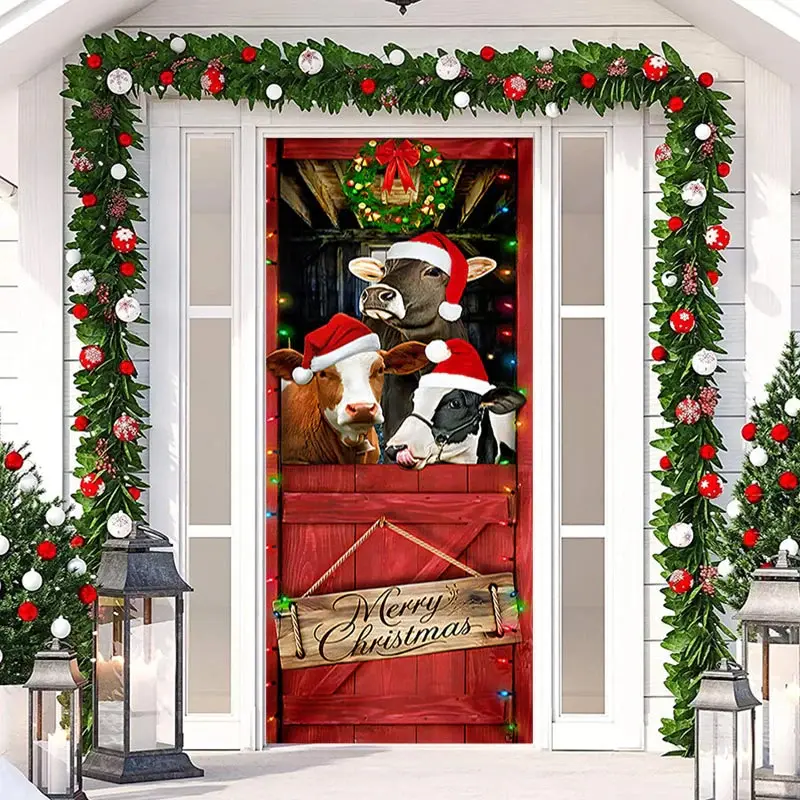 Cowshed Livestock Red Merry Christmas Door Cover - Aperturee