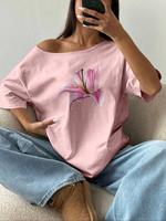 Women's Lily Flower Print Crop Tee, Casual Shoulder Pad Short Sleeve T-shirt for Daily Wear, Ladies Clothes for All Seasons, ...