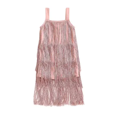 Toddle Girl Sparkly Tassels Dress Sleeveless Sequin Fringe Dresses Little Girls Latin Dance Party Dress