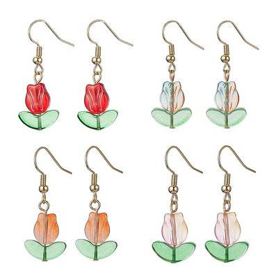 4 Pairs 4 Colors Tulip Flower Lampwork Dangle Earrings