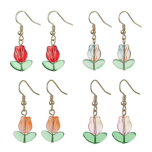 4 Pairs 4 Colors Tulip Flower Lampwork Dangle Earrings