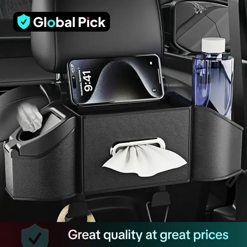 Car seat backrest storage box, tissue box, practical dual cup holder, beverage holder, trash can, seat backrest bag, hook, ph...
