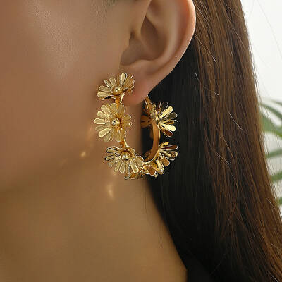 Luxurious Brass Flower Hoop Earrings