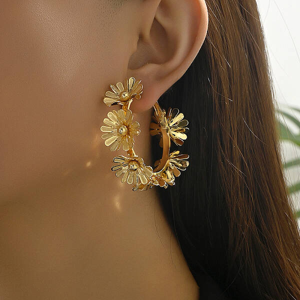 Luxurious Brass Flower Hoop Earrings