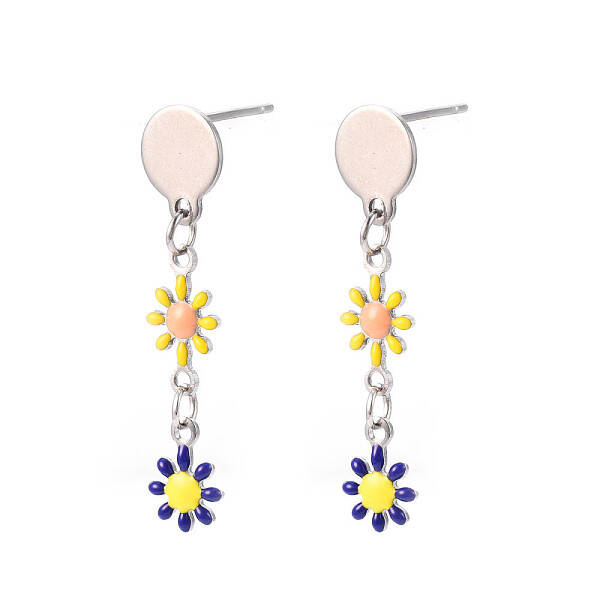 Flower Enamel Long Dangle Stud Earrings
