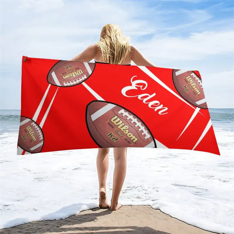 Red Football Custom Name Beach Towel Boy Gifts - Aperturee
