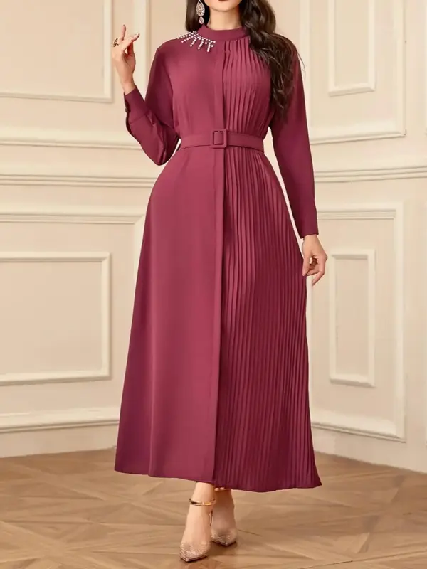 Women's Solid Belted Pleated Dress, Elegant Round Neck Long Sleeve Dress for Party Holiday Wedding Guest, Ladies Clothes for ...