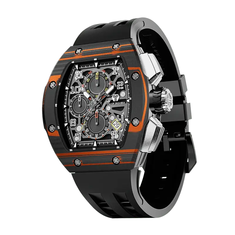TSAR BOMBA Men's Quartz Watch | Orange | Atomic TB8214 | Carbon Fiber Bezel | Luxury Sport Watch | 50M Waterproof Sapphire Gl...