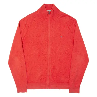 TOMMY HILFIGER Mens Cardigan Red High Neck Tight Knit Linen L
