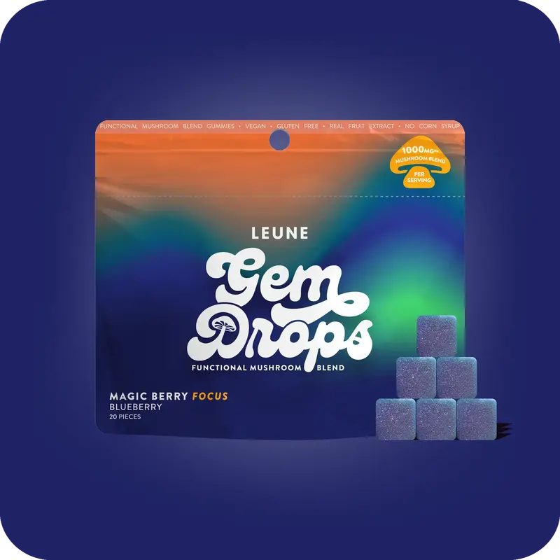 LEUNE LAB Functional Mushroom Magic Berry Gem Drops (20 Gummies) - Blueberry 1000mg - Vegan & Gluten Free - Supports Focus, C...