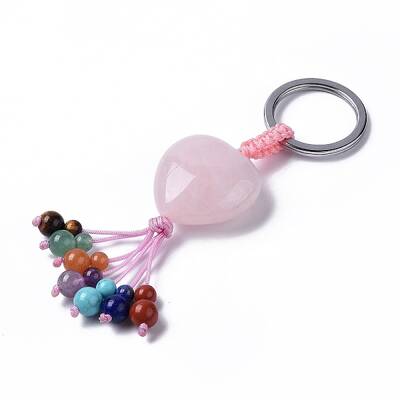 Natural Rose Quartz Heart with Mixed Gemstone Tassel Keychains