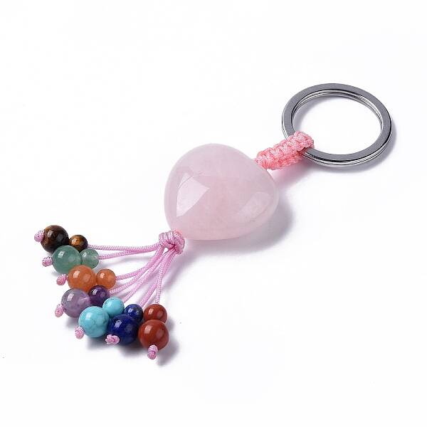 Natural Rose Quartz Heart with Mixed Gemstone Tassel Keychains