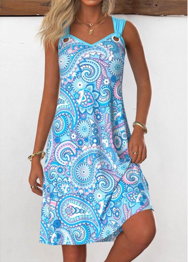 Modlily Light Blue Tummy Coverage Paisley Print Sleeveless Dress - L