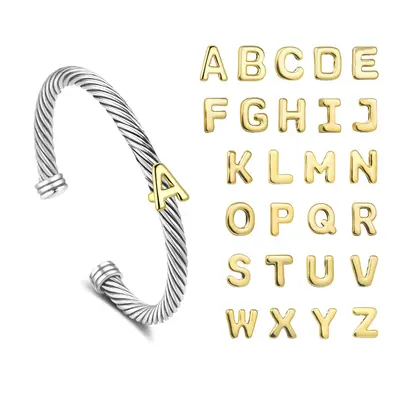 Aprilery DIY A-Z Letter Cable Cuff Jewelry – Two-Tone Open Bangle Bracelet, Personalized Gift for Women