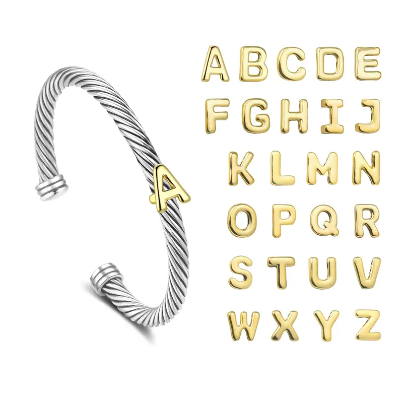 Aprilery DIY A-Z Letter Cable Cuff Jewelry – Two-Tone Open Bangle Bracelet, Personalized Gift for Women