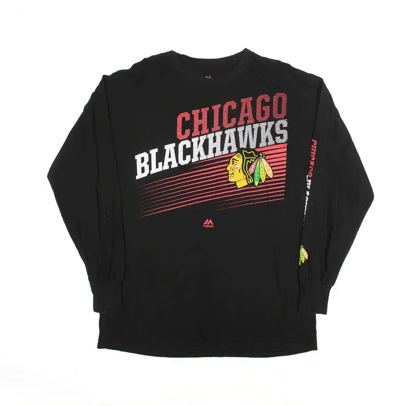 MAJESTIC Chicago BlackHawks T-Shirt Black Long Sleeve Mens M