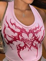 Women's Heart Print V Neck Crop Tank Top, Casual Streetwear Sleeveless Ribbed Top for Summer, Ladies Clothes for Nightclub M...