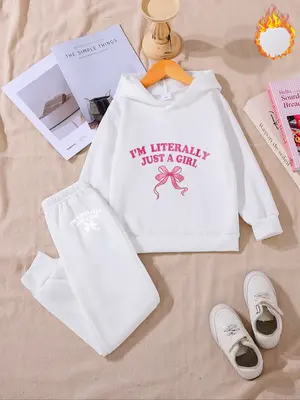 Girls' Fall & Winter Thick Fleece Set, Casual Style, Fitted Design, Warm Clothing for Kids, Ideal for Autumn & Winter Seasons...