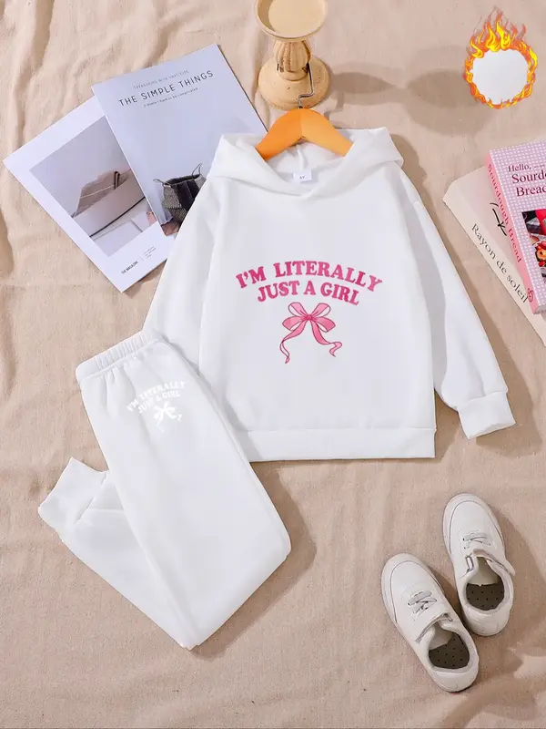 Girls' Fall & Winter Thick Fleece Set, Casual Style, Fitted Design, Warm Clothing for Kids, Ideal for Autumn & Winter Seasons...