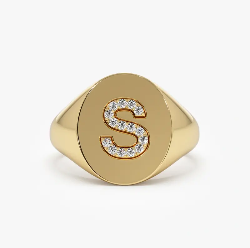 14K 0.1 CT Diamond Letter Signet Ring